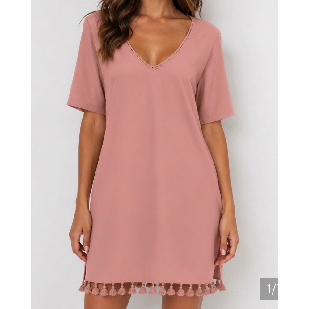 Fate Dress Tassel Fringe V Neck Shift Mini Short Sleeve Medium Mauve Pink Womens